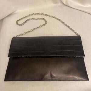 ili New York Black Brown Leather Envelope Purse Clutch Bag Silver Chain 10x6.5